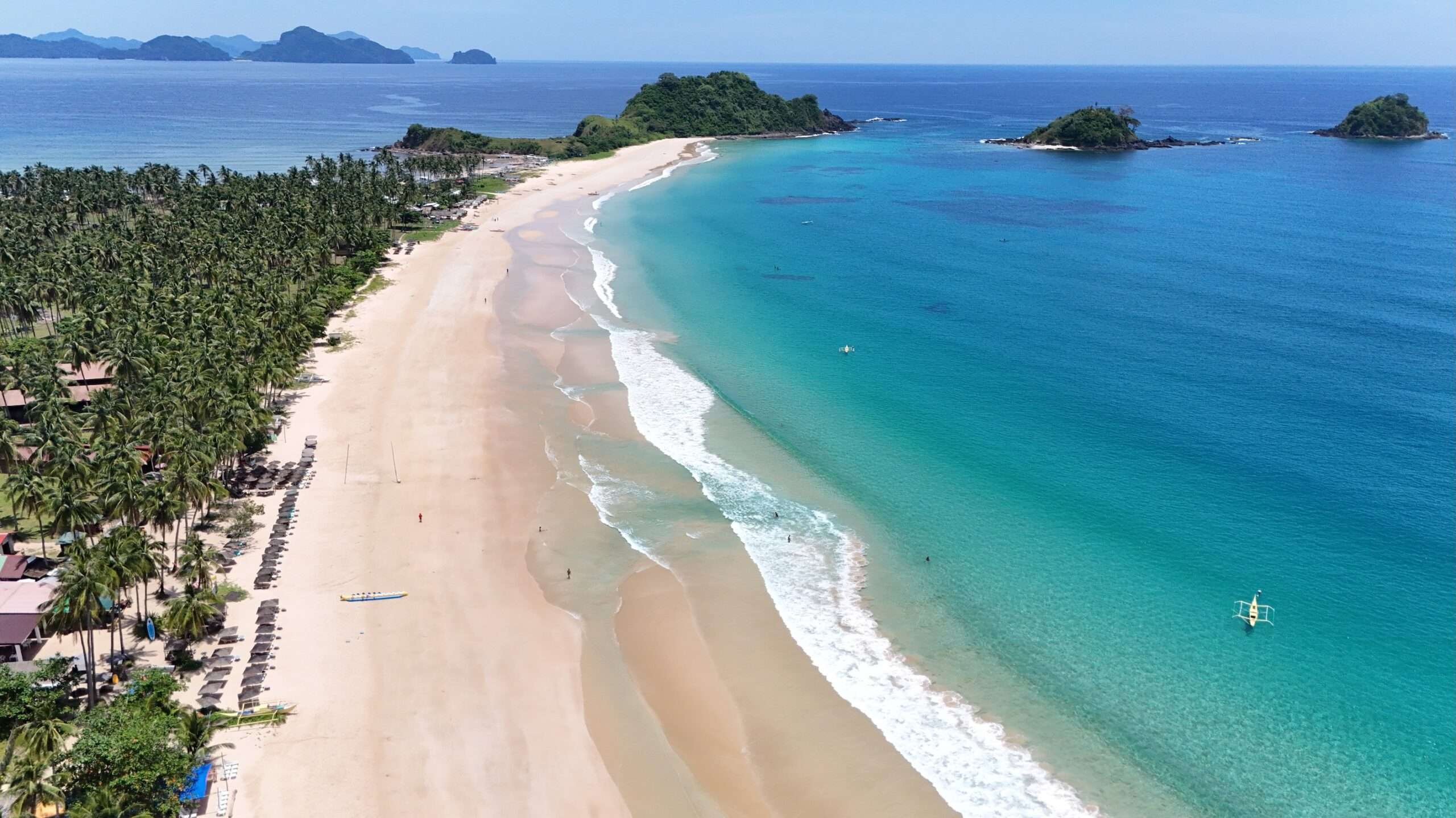 The long golden curve of Nacpan Beach near El Nido, lined with palm trees under a clear sky.