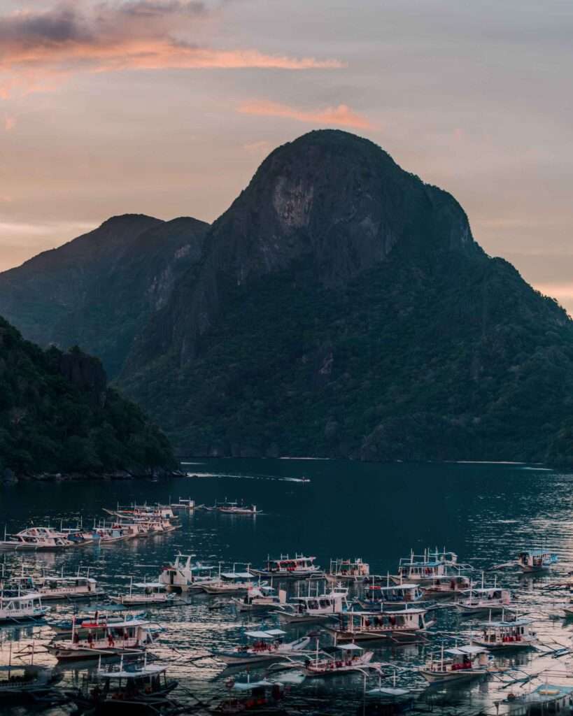 View over El Nido Bay and the limestone cliffs from a balcony at H Hotel El Nido
