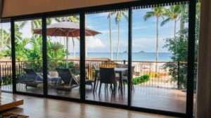 Private terrace of an Executive Beach Front Villa at Nacpan Beach Villas with loungers facing the sea